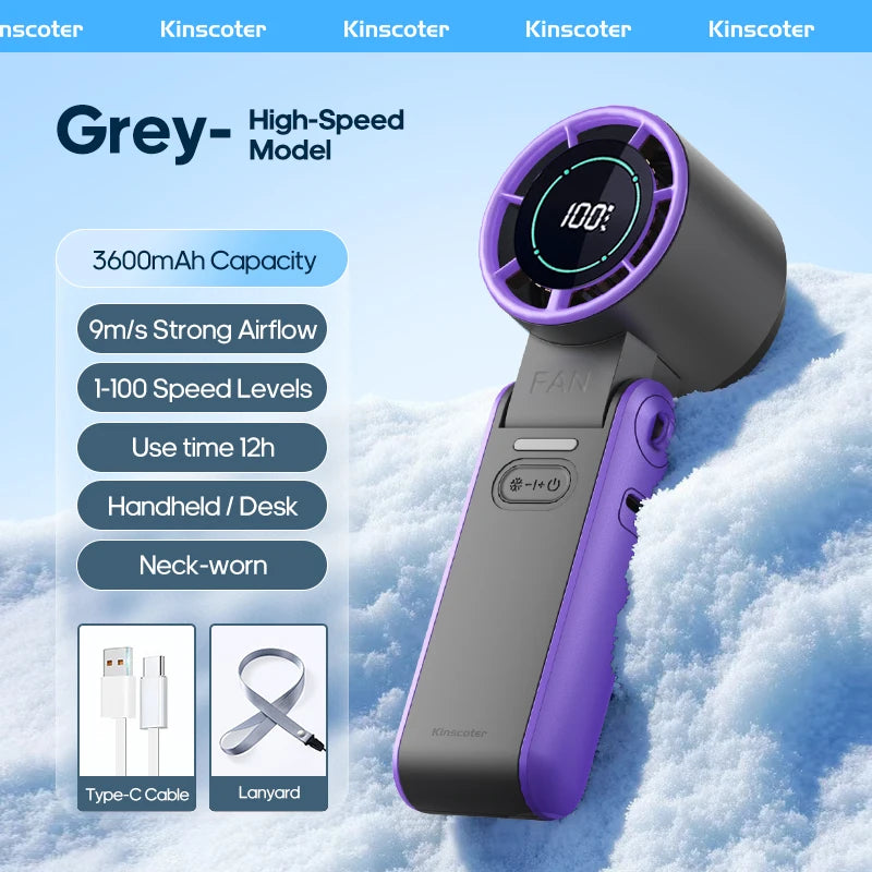 KINSCOTER Foldable Handheld Fan – Portable Mini Turbo Fan with 3600mAh Rechargeable Battery & 100-Speed Adjustable Cooling for Outdoor Use